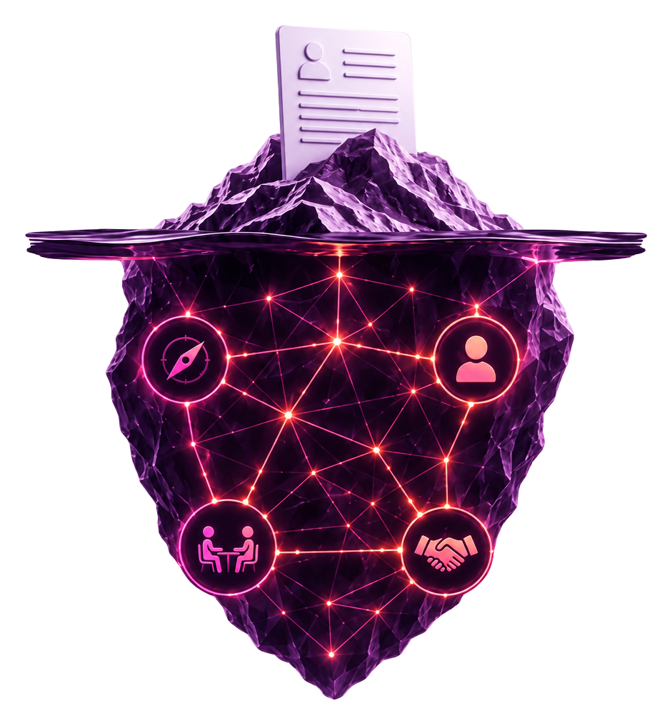 Ilustração de um iceberg: acima da água, um currículo; abaixo, uma rede iluminada de conexões que representa as oportunidades que não chegam ao mercado como vaga aberta.