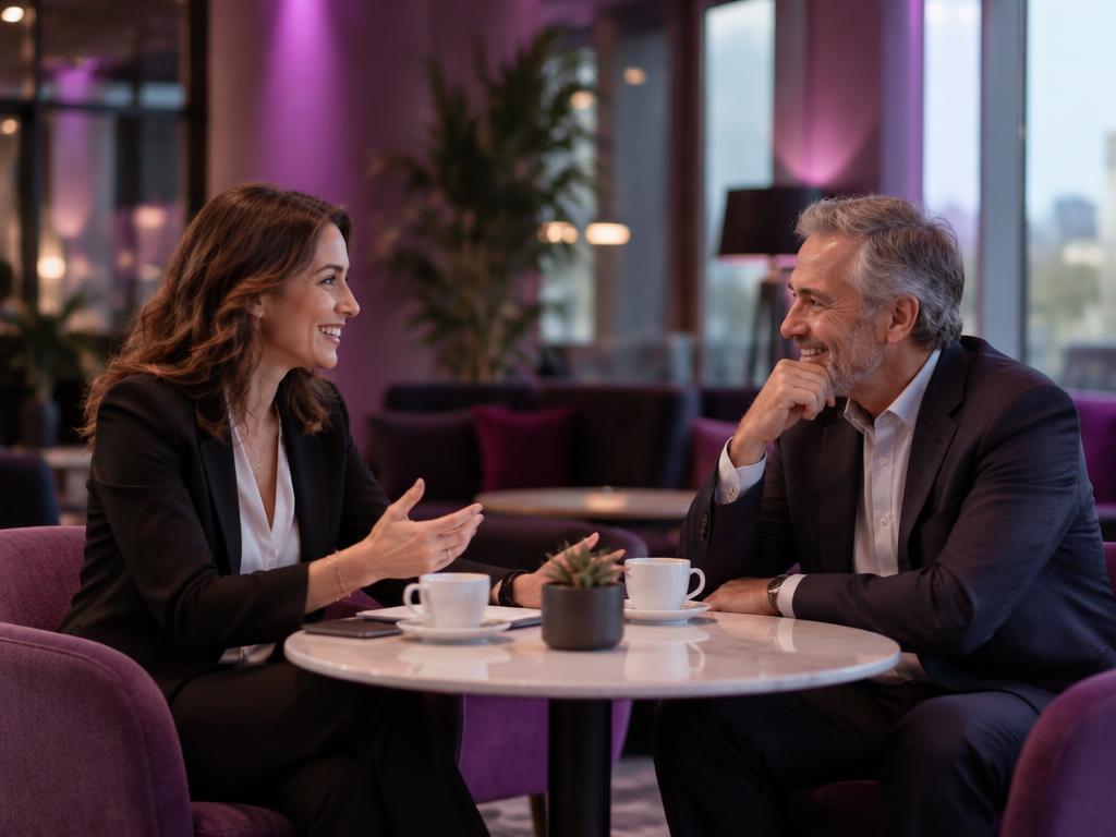 Consultora e executivo conversando em um lounge corporativo durante a primeira reunião.